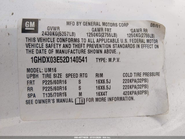 Продаж на аукціоні авто 2002 Oldsmobile Silhouette Gls, vin: 1GHDX03E52D140541, номер лоту: 45770039