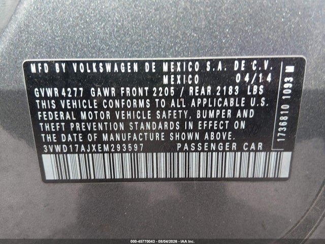 2014 Volkswagen Jetta 1.8t Se მანქანა იყიდება აუქციონზე, vin: 3VWD17AJXEM293597, აუქციონის ნომერი: 45770043