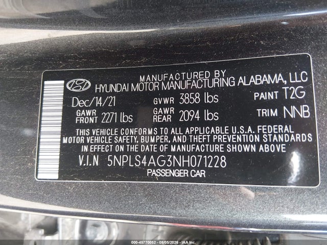 45770052 :رقم المزاد ، 5NPLS4AG3NH071228 vin ، 2022 Hyundai Elantra Sel مزاد بيع