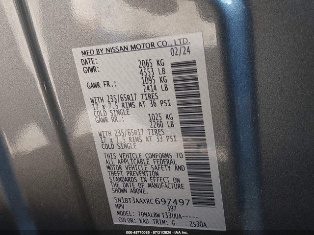 5N1BT3AAXRC697497 Nissan Rogue S Fwd