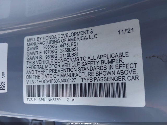 1HGCV1F30NA000427 Honda Accord Sport