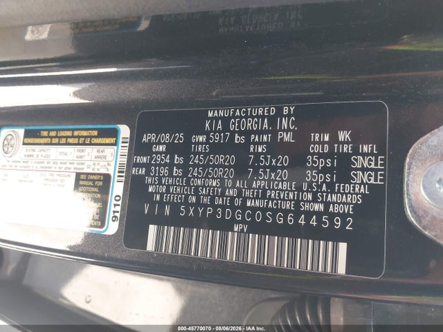 45770070 :رقم المزاد ، 5XYP3DGC0SG644592 vin ، 2025 Kia Telluride Ex X-line مزاد بيع