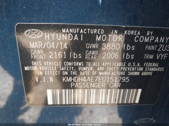 45770082 :رقم المزاد ، KMHDH4AE7EU151795 vin ، 2014 Hyundai Elantra Se مزاد بيع