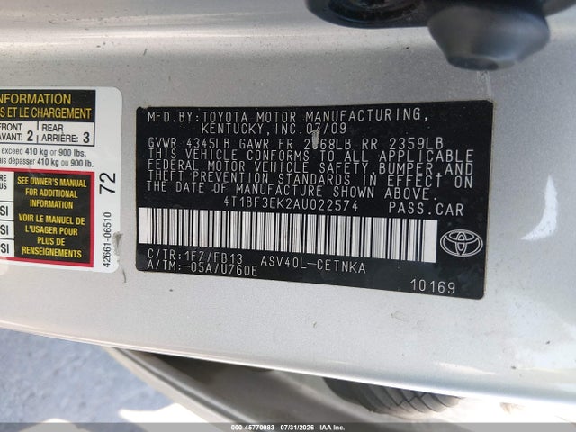 2010 Toyota Camry Le მანქანა იყიდება აუქციონზე, vin: 4T1BF3EK2AU022574, აუქციონის ნომერი: 45770083