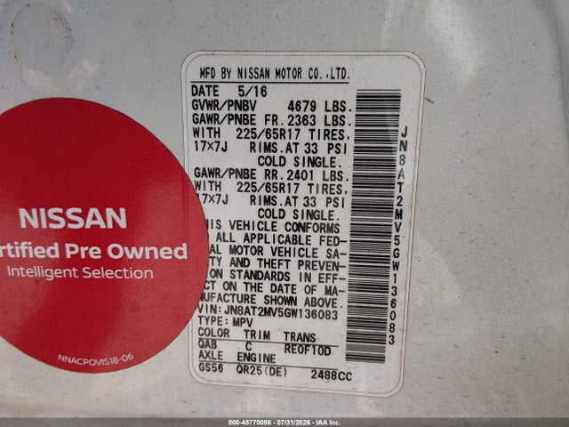 JN8AT2MV5GW136083 Nissan ROGUE SV