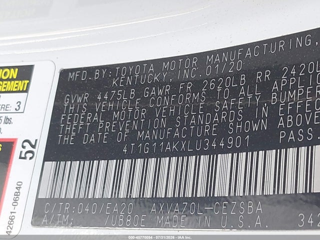 Продажа на аукционе авто 2020 Toyota Camry Se, vin: 4T1G11AKXLU344901, номер лота: 45770094