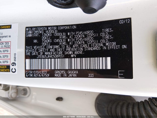 Aukcja sprzedaży 2012 Toyota 4runner Limited, vin: JTEBU5JR4C5089551, numer aukcji: 45770099