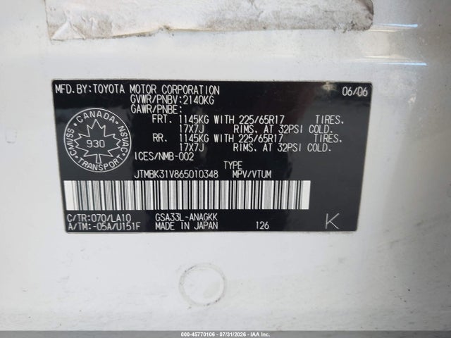 2006 Toyota Rav4 Limited V6 მანქანა იყიდება აუქციონზე, vin: JTMBK31V865010348, აუქციონის ნომერი: 45770106