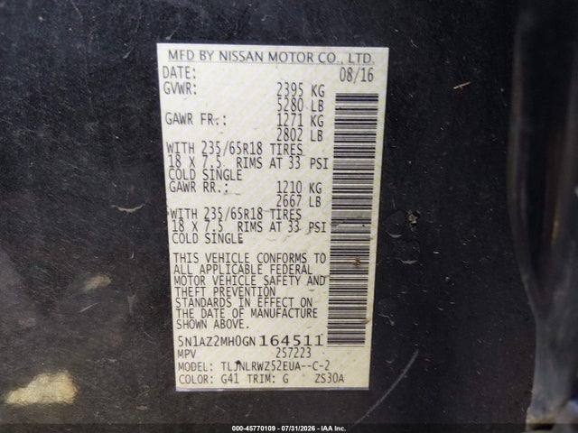 Nissan MURANO SL 2016 5N1AZ2MH0GN164511 Image 9