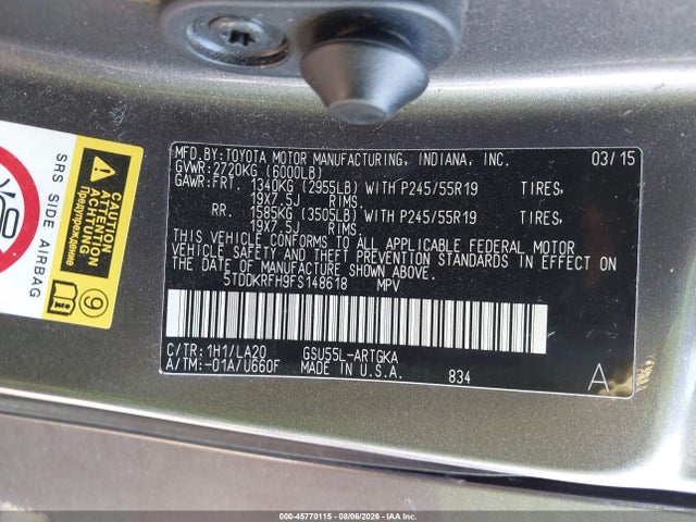 Продаж на аукціоні авто 2015 Toyota Highlander Limited Platinum V6, vin: 5TDDKRFH9FS148618, номер лоту: 45770115