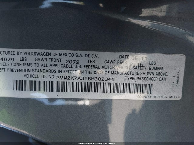Продаж на аукціоні авто 2011 Volkswagen Jetta 2.0l S, vin: 3VW2K7AJ1BM382846, номер лоту: 45770116