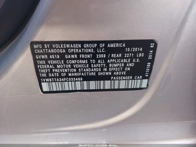 1VWBT7A34FC033489 Volkswagen Passat 1.8t Se