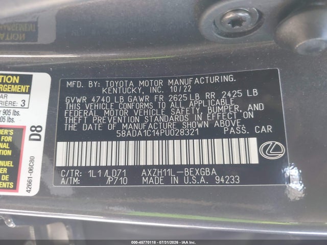 Продажа на аукционе авто 2023 Lexus Es 300h, vin: 58ADA1C14PU028321, номер лота: 45770118