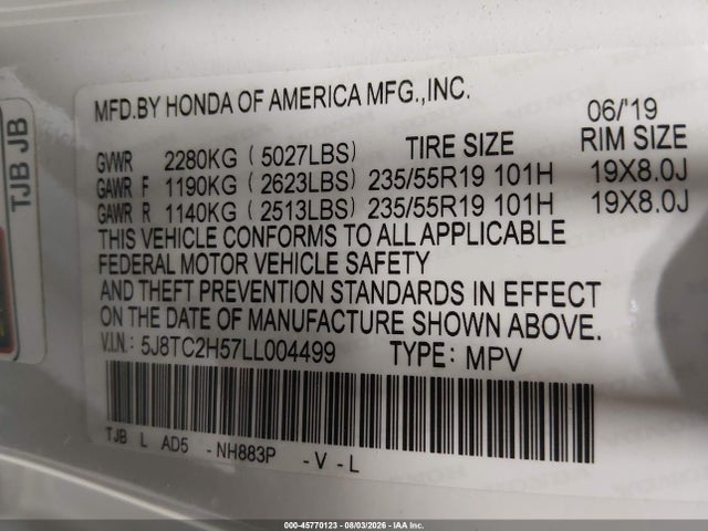 45770123 :رقم المزاد ، 5J8TC2H57LL004499 vin ، 2020 Acura Rdx Technology Package مزاد بيع