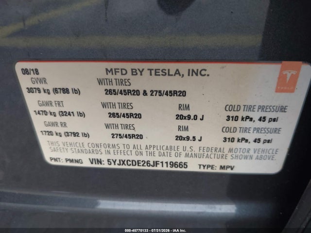Продаж на аукціоні авто 2018 Tesla Model X 100d/75d/p100d, vin: 5YJXCDE26JF119665, номер лоту: 45770133