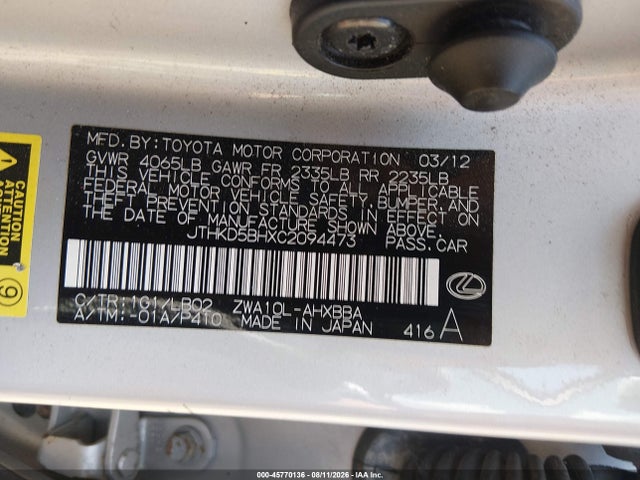 45770136 :رقم المزاد ، JTHKD5BHXC2094473 vin ، 2012 Lexus Ct 200h Premium مزاد بيع