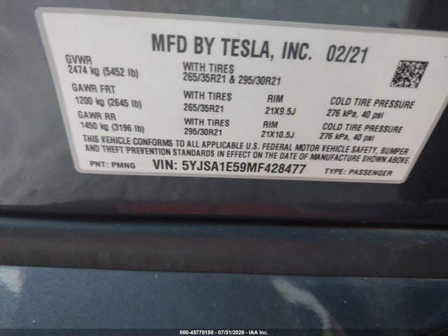 Aukcja sprzedaży 2021 Tesla Model S Long Range Dual Motor All-wheel Drive, vin: 5YJSA1E59MF428477, numer aukcji: 45770150