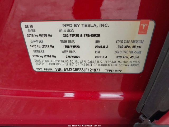 45770162 :رقم المزاد ، 5YJXCBE23JF121877 vin ، 2018 Tesla Model X 100d/75d/p100d مزاد بيع