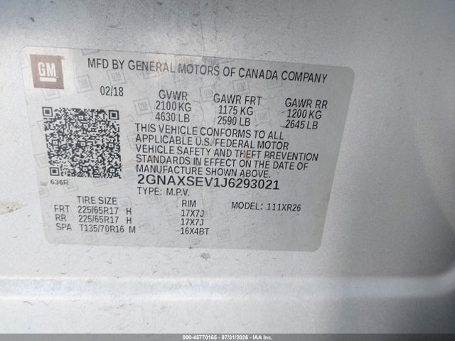 45770165 :رقم المزاد ، 2GNAXSEV1J6293021 vin ، 2018 Chevrolet Equinox Lt مزاد بيع