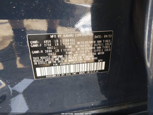Aukcja sprzedaży 2024 Subaru Outback Onyx Edition, vin: 4S4BTALC4R3170218, numer aukcji: 45770166