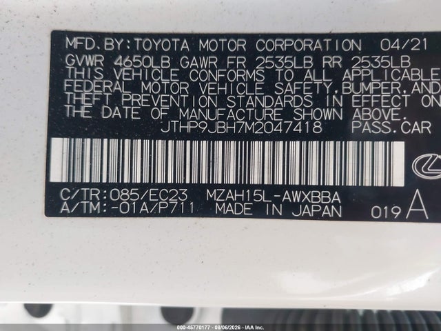 Lexus UX 250H 2021 JTHP9JBH7M2047418 Image 9