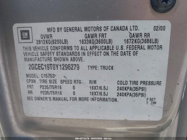 Продаж на аукціоні авто 2000 Chevrolet Silverado 1500 Ls, vin: 2GCEC19T0Y1296279, номер лоту: 45770179