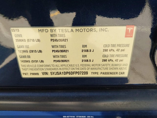 Продажа на аукционе авто 2013 Tesla Model S Performance, vin: 5YJSA1DP6DFP07209, номер лота: 45770184