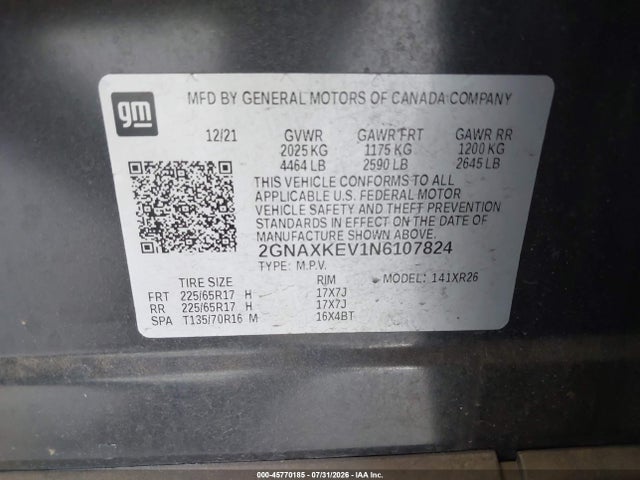 2GNAXKEV1N6107824 Chevrolet Equinox Fwd Lt