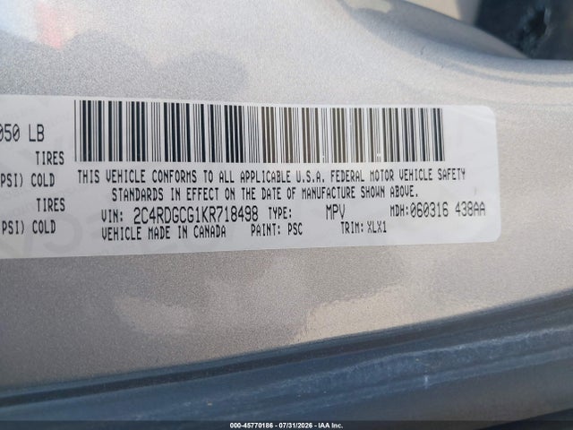 Aukcja sprzedaży 2019 Dodge Grand Caravan Sxt, vin: 2C4RDGCG1KR718498, numer aukcji: 45770186