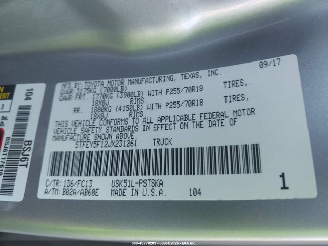 5TFEY5F12JX231261 Toyota Tundra Sr5 5.7l V8