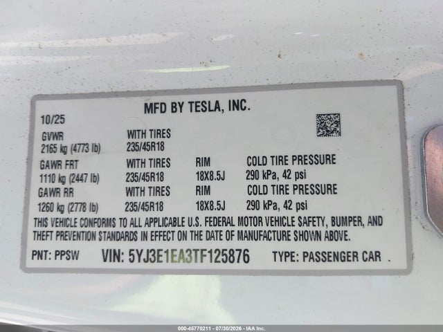 45770211 :رقم المزاد ، 5YJ3E1EA3TF125876 vin ، 2026 Tesla Model 3 Premium Rear-wheel Drive/rear-wheel Drive مزاد بيع