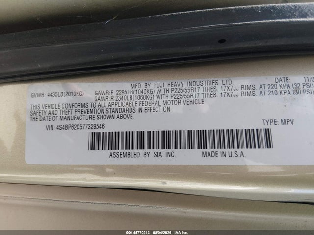 Aukcja sprzedaży 2007 Subaru Outback 2.5i Limited, vin: 4S4BP62C577329546, numer aukcji: 45770213
