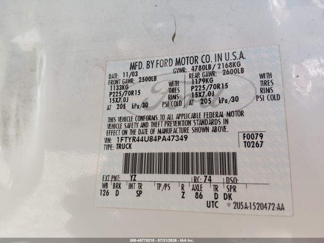 Продаж на аукціоні авто 2004 Ford Ranger Edge/tremor/xlt, vin: 1FTYR44U84PA47349, номер лоту: 45770218