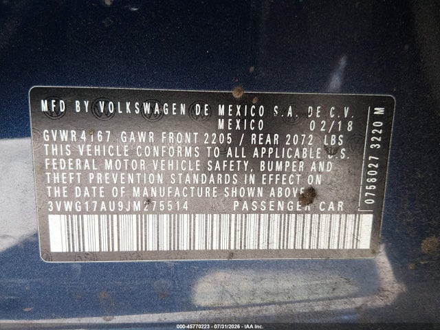 2018 Volkswagen Golf Tsi S/tsi Se მანქანა იყიდება აუქციონზე, vin: 3VWG17AU9JM275514, აუქციონის ნომერი: 45770223