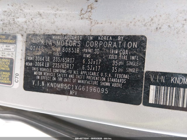 Aukcja sprzedaży 2016 Kia Sedona Lx, vin: KNDMB5C1XG6196095, numer aukcji: 45770241