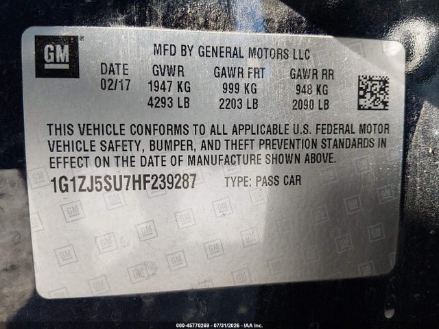 1G1ZJ5SU7HF239287 Chevrolet MALIBU HYBRID