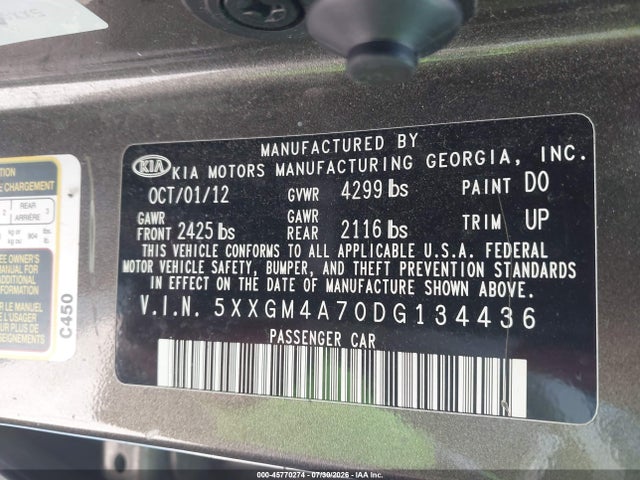 Aukcja sprzedaży 2013 Kia Optima Lx, vin: 5XXGM4A70DG134436, numer aukcji: 45770274