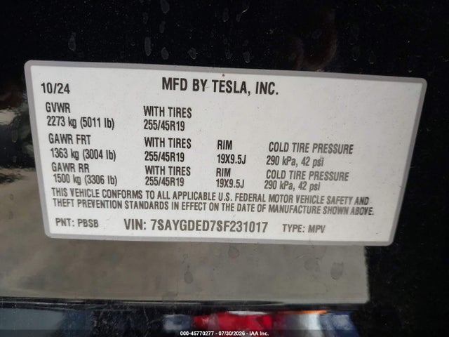 7SAYGDED7SF231017 Tesla Model Y Long Range Dual Motor Rear-wheel Drive