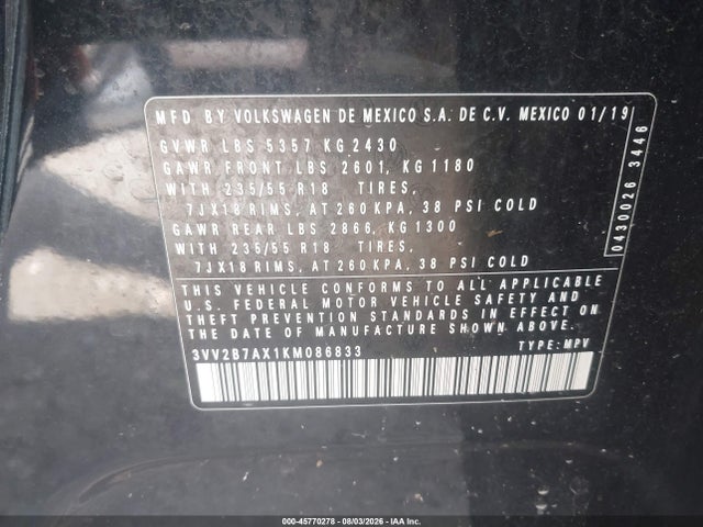 2019 Volkswagen Tiguan 2.0t Se/2.0t Sel/2.0t Sel R-line/2.0t Sel R-line Black მანქანა იყიდება აუქციონზე, vin: 3VV2B7AX1KM086833, აუქციონის ნომერი: 45770278
