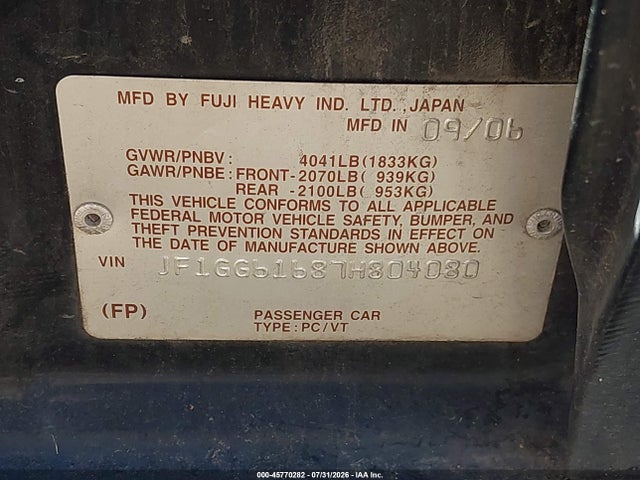 Aukcja sprzedaży 2007 Subaru Impreza 2.5i, vin: JF1GG61687H804080, numer aukcji: 45770282