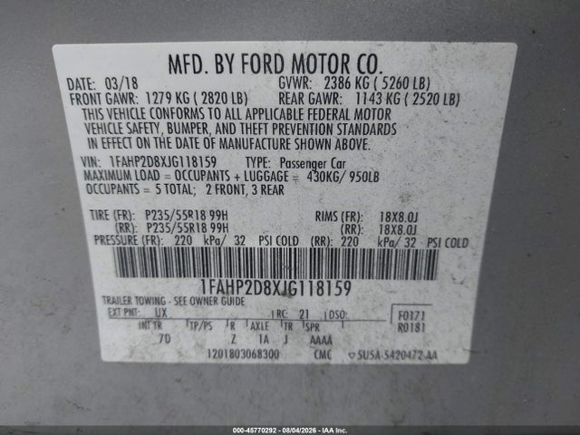 2018 Ford Taurus Se მანქანა იყიდება აუქციონზე, vin: 1FAHP2D8XJG118159, აუქციონის ნომერი: 45770292