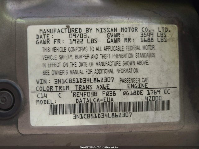 Продаж на аукціоні авто 2004 Nissan Sentra 1.8, vin: 3N1CB51D34L862307, номер лоту: 45770297
