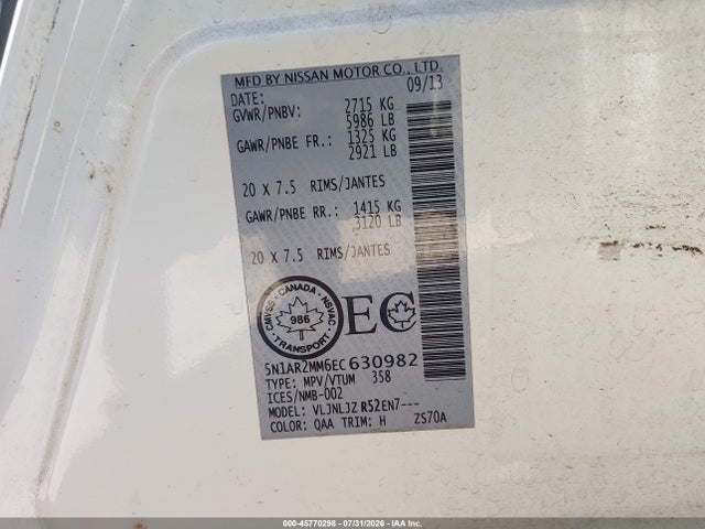 5N1AR2MM6EC630982 Nissan Pathfinder Platinum/s/sl/sv