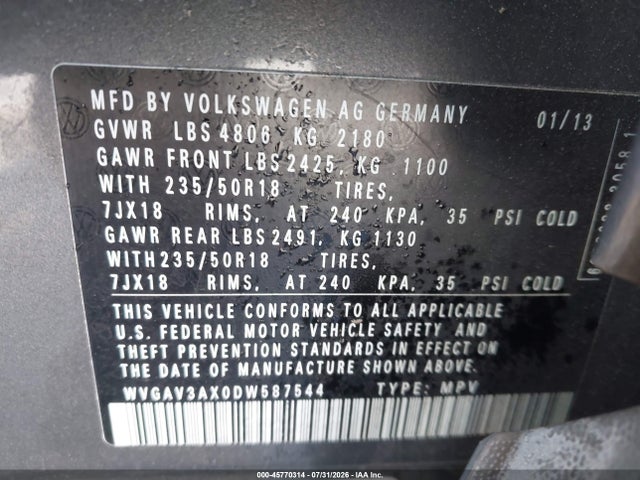 Продаж на аукціоні авто 2013 Volkswagen Tiguan Se, vin: WVGAV3AX0DW587544, номер лоту: 45770314