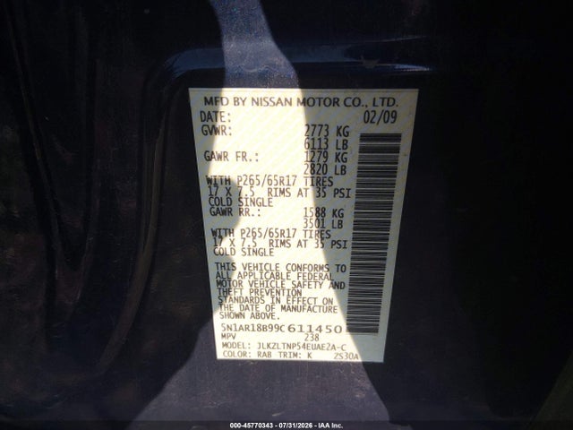 Продаж на аукціоні авто 2009 Nissan Pathfinder Se, vin: 5N1AR18B99C611450, номер лоту: 45770343