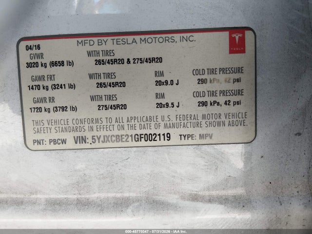 Tesla MODEL X 2016 5YJXCBE21GF002119 Image 9