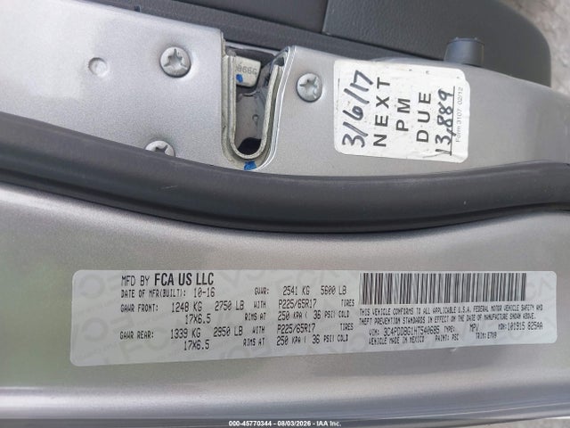 45770344 :رقم المزاد ، 3C4PDDBG1HT540685 vin ، 2017 Dodge Journey Sxt Awd مزاد بيع