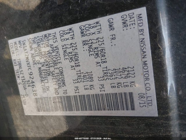 45770350 :رقم المزاد ، 5N1AT2MVXFC924638 vin ، 2015 Nissan Rogue Sl مزاد بيع