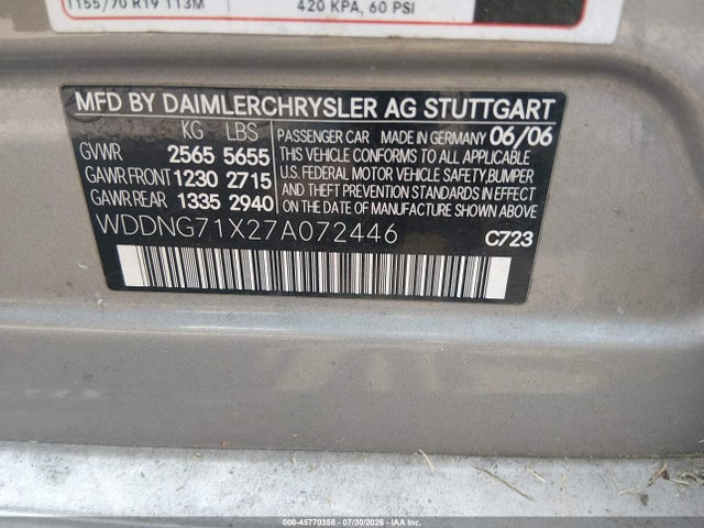 45770358 :رقم المزاد ، WDDNG71X27A072446 vin ، 2007 Mercedes-benz S 550 مزاد بيع