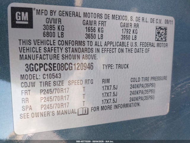 2012 Chevrolet Silverado 1500 Lt მანქანა იყიდება აუქციონზე, vin: 3GCPCSE08CG120946, აუქციონის ნომერი: 45770359